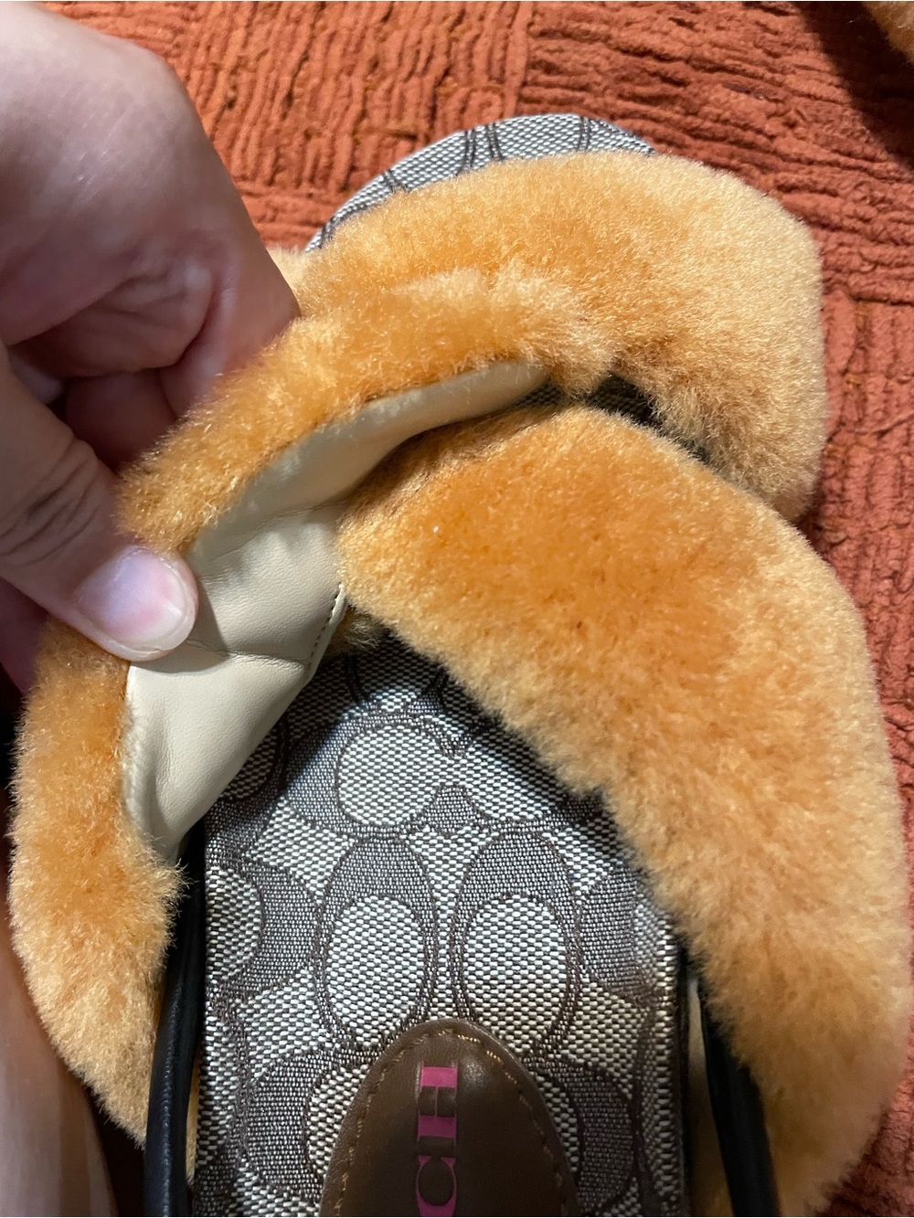 Coach Tally Orange Shearling Cross-Band Slingbacks with Signature Canvas - Picture 12 of 13